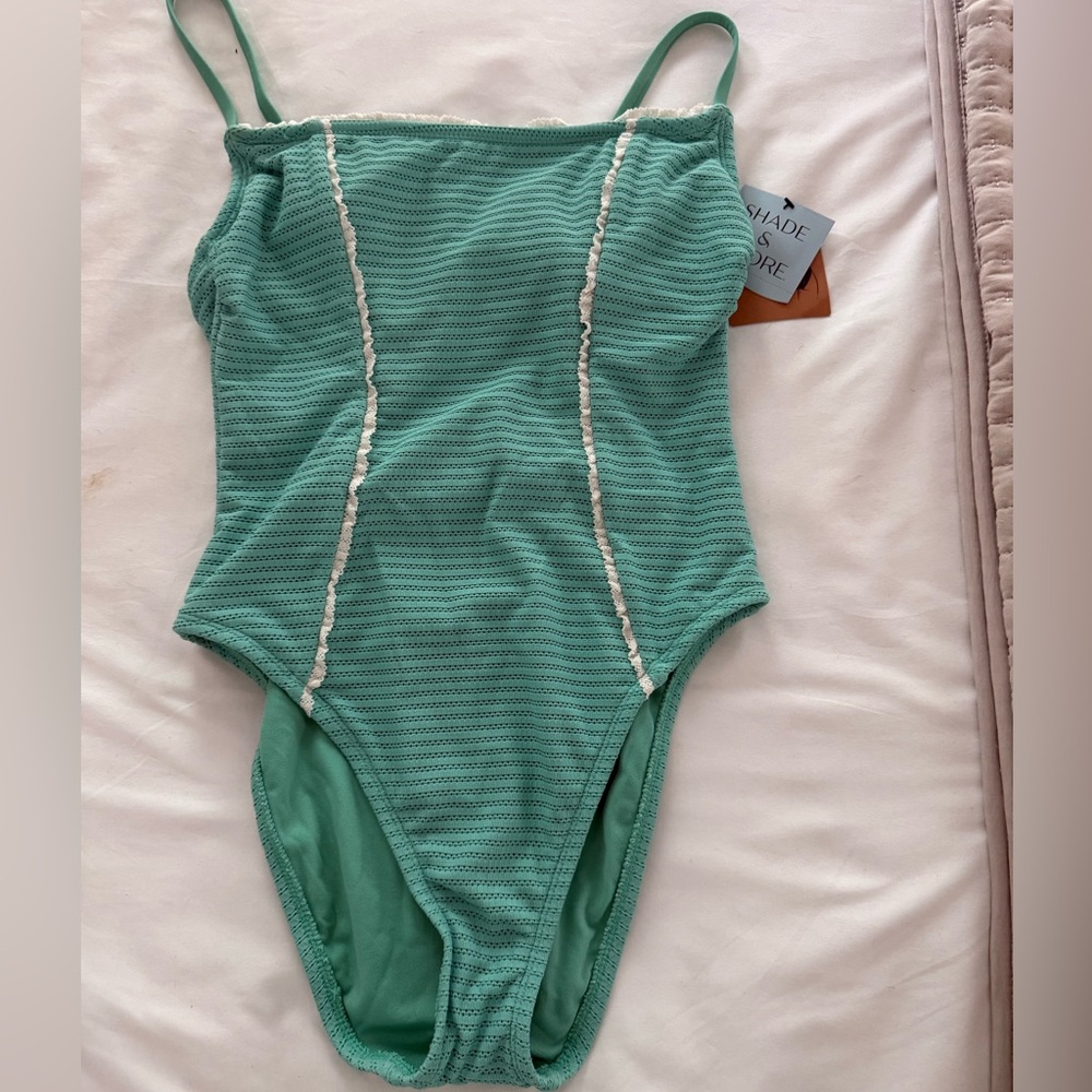 Shade & Shore Teal One-Piece Swimsuit with White Trim